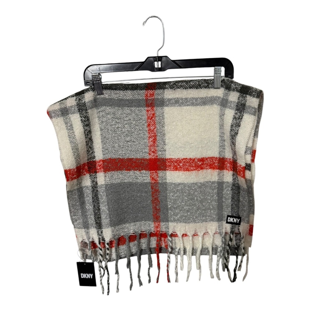 DKNY Ivy Plaid Blanket Scarf Grey White Red Fringe Oversized D2WS0001 NWT